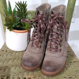 Sorel Womens Gray Taupe Leather Lexie Wedge Lace Up Ankle Boots Booties Size 6.5